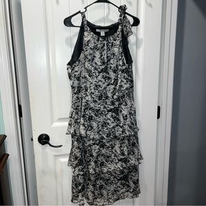 Studio woman’s size 12 Black and White Patterned Midi Dress with tiered ruffles